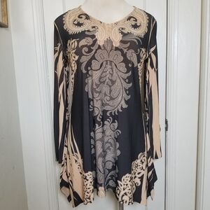 COVER CHARGE XL black Tan V Neck Long Sleeve Blouse